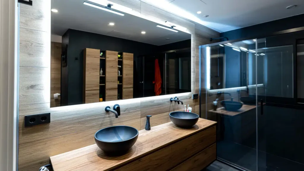Reforma de baño, acabados de madera y color negro - Selarom
